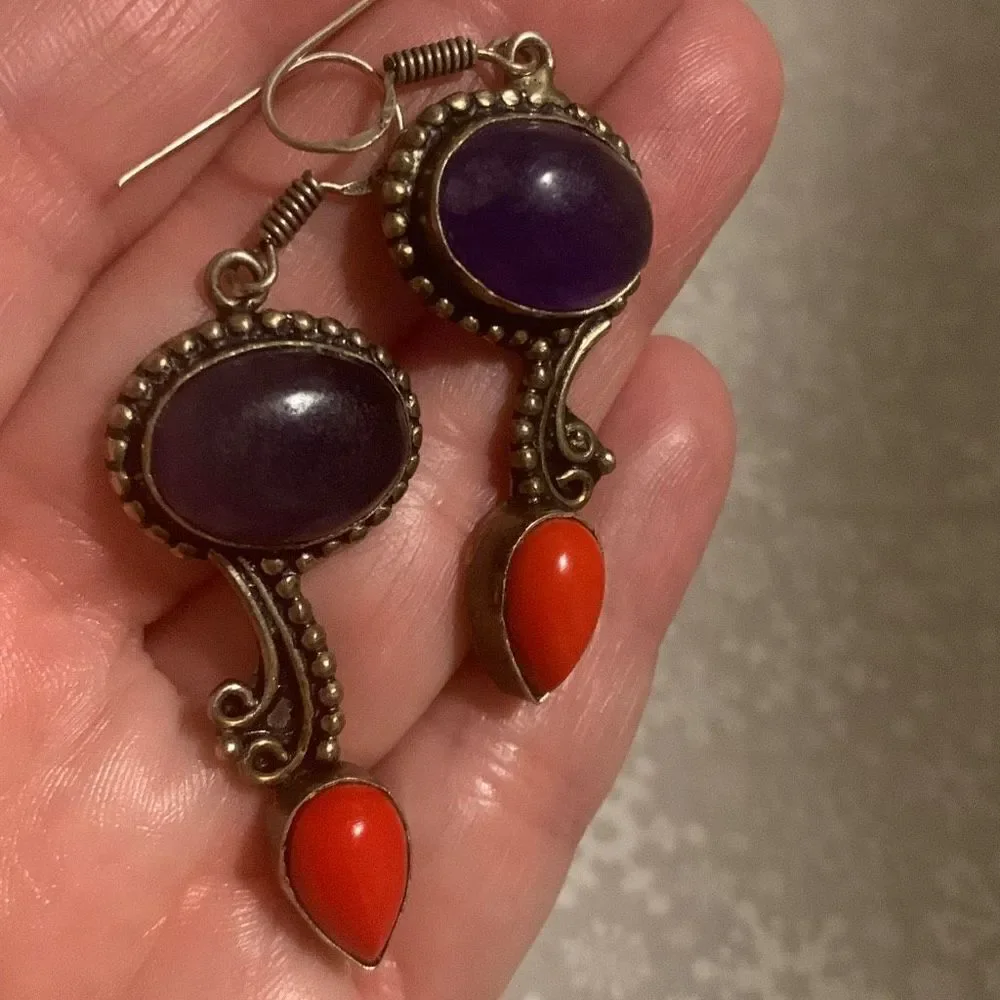 Sterling Silver 925 Blue Orange‎ Coral Drop Earrings Pierced